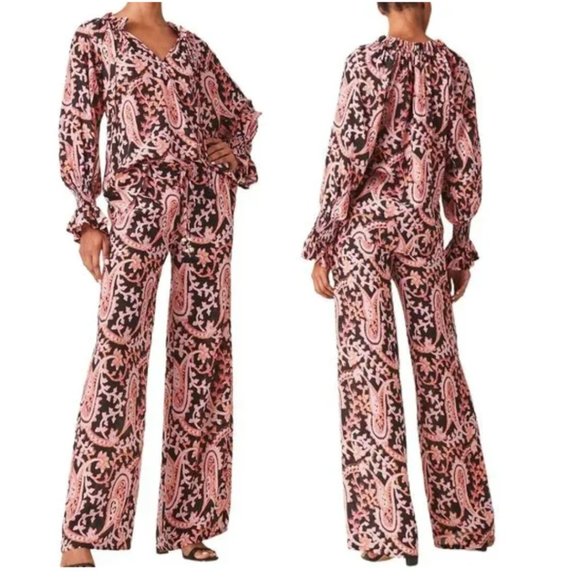 Figue Paisley 100% Silk Outfit Set Lianna Smocked Top Theodora Wide Leg Pants - Picture 1 of 15